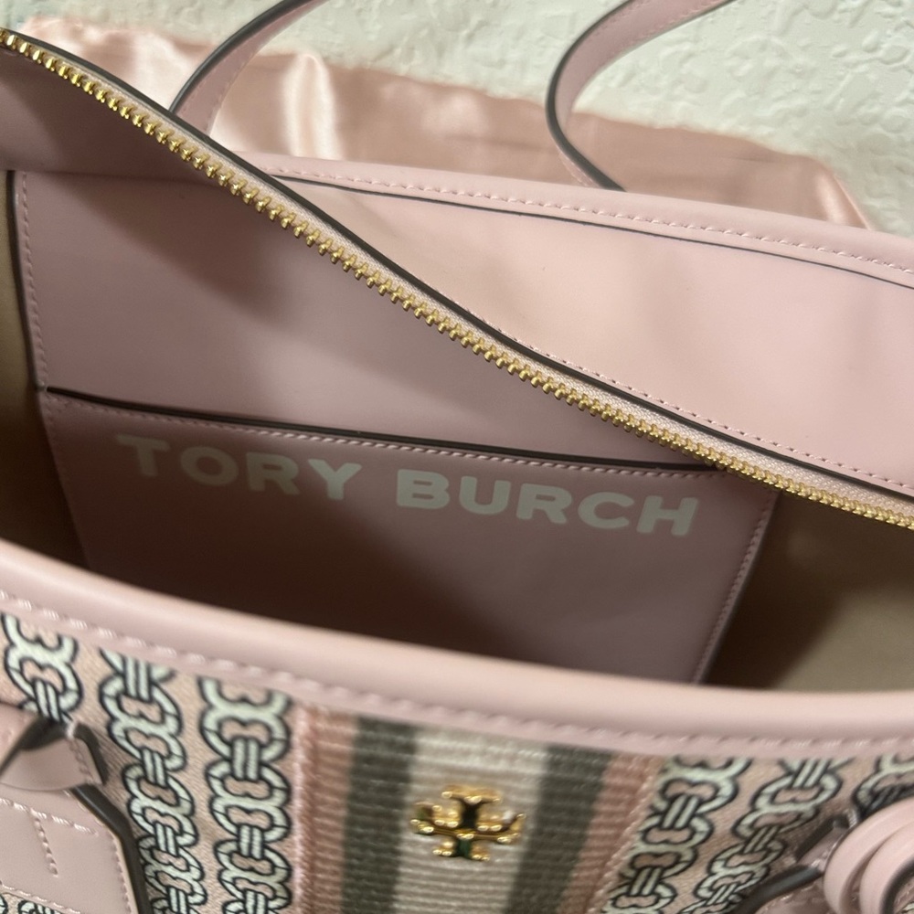 Tory Burch Pink Patterned Tote Handbag with Stripe Accent and cross body strap - Picture 7 of 13